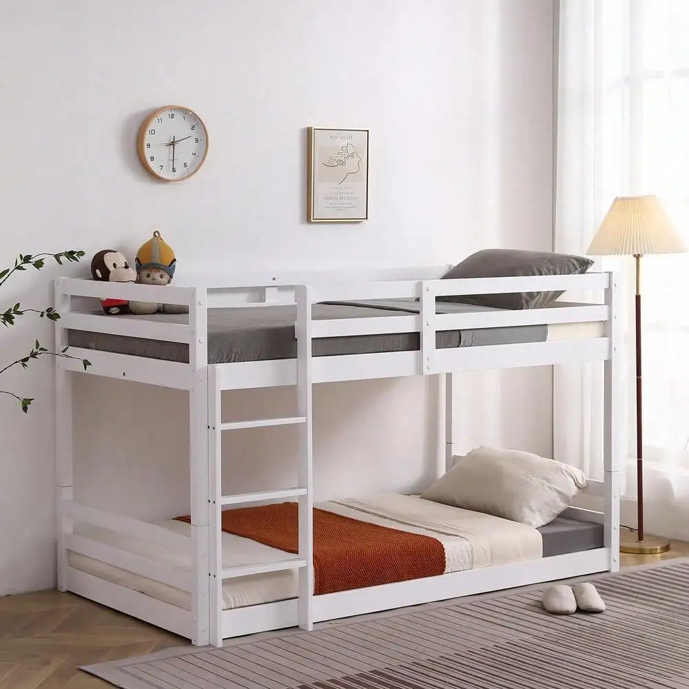 Twin over Twin Bunk Platform Bed Frame with Ladder and Guardrail Soild Wood