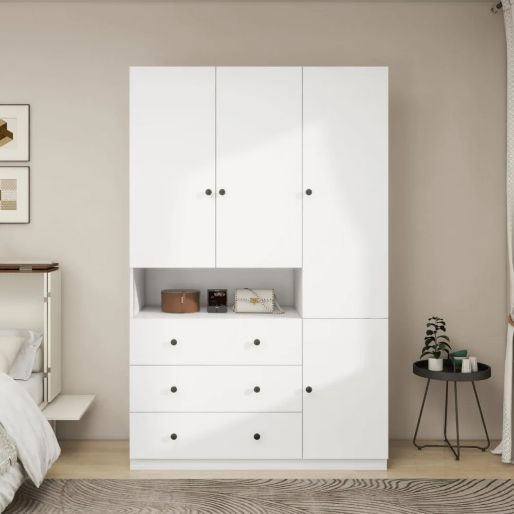 Wardrobe Closet Wardrobe Closet White Storage Cabinet Wooden Clothes Closets Cabinet Bedroom Cabinet with Hanging Rod Shelves