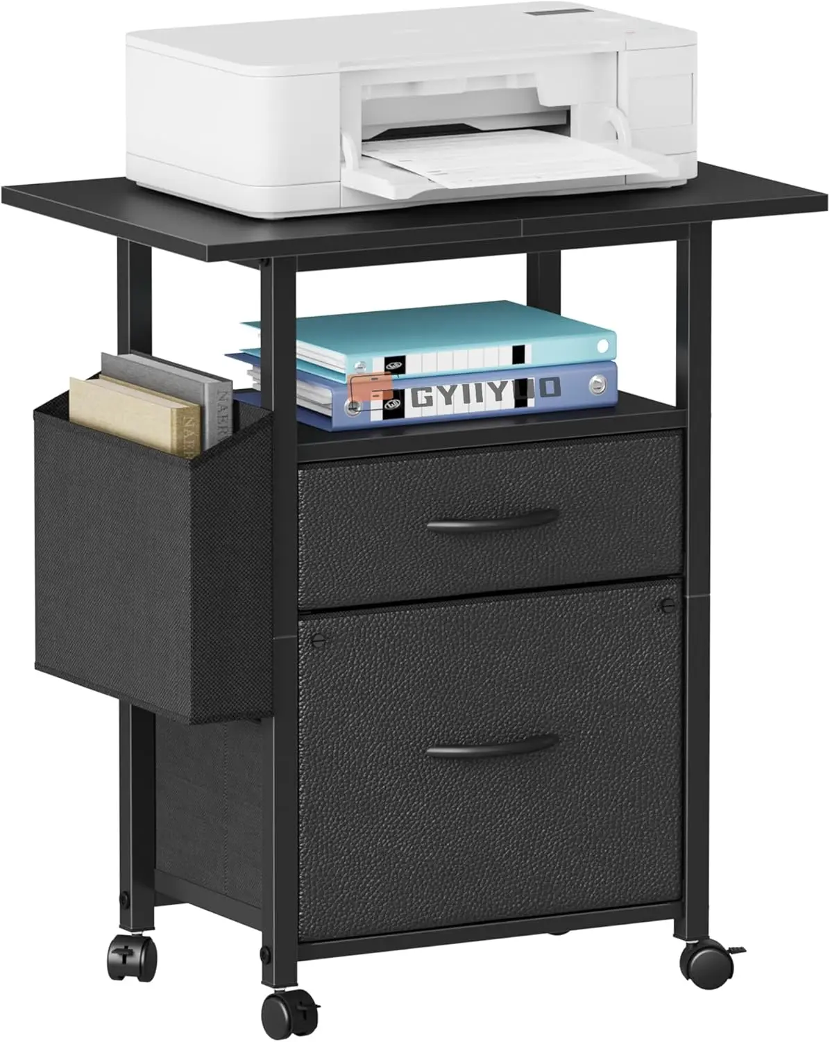 

2-Drawer Mobile Filing Cabinet with Extended Desktop, Rolling File Cabinet with Side Bag, Fits A4/Letter Size, Black