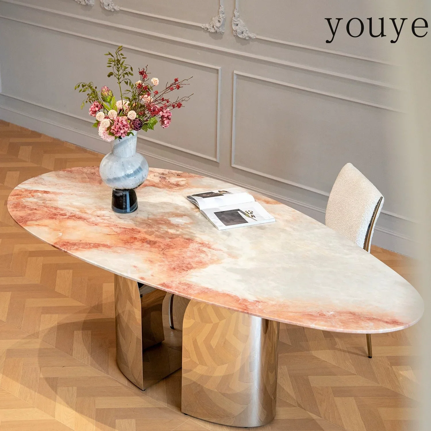 X62 Luxury Stone, French Retro Natural Four-season Pink Luxury Stone Villa Premium Marble Water Drop Special-shaped Dining Table