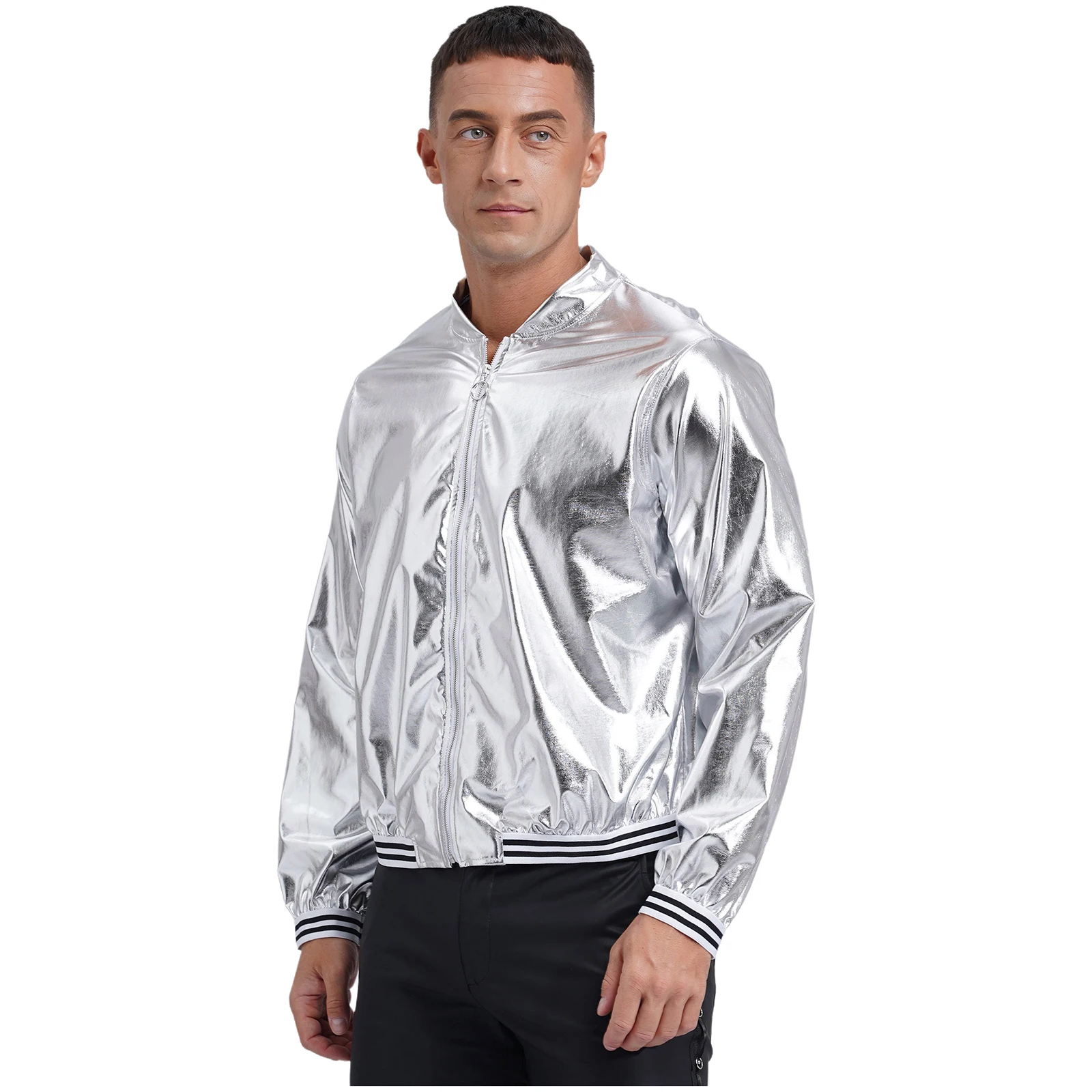 Mens Metallic Shiny Bomber Jacket Long Sleeve Zip Up Baseball Jackets Coat Rave Dance Party Festival Outfits Outerwear Clubwear