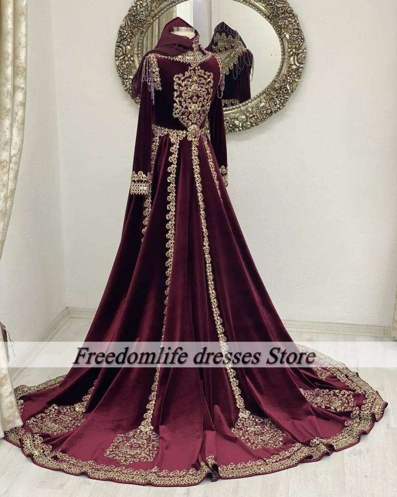 Two Pieces Burgundy Evening Dresses Long Sleeve Appliques Moroccan Kaftan Arabic Prom Gowns Customized vestidos de gala