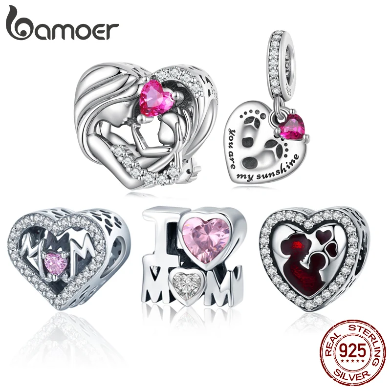 Bamoer 925 Sterling Silver Pink Zircon Mother-child Affinity Bead Charm for Women Bracelet Bangle DIY Mother's Day Gift BSC685