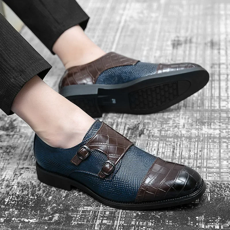 

New LeFu Men's Double Buckle Munk Shoes Large Size Business Casual Leather Shoes Men Black Formal Splicing Monk Couple Shoes P50