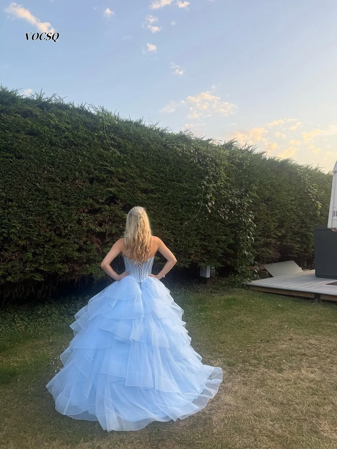 Prom Dress Baby Blue Strapless Lace Corset Multi Layer Ruffle Tulle Ball Gown Lace Up Back Long Formal Party Gown Customized
