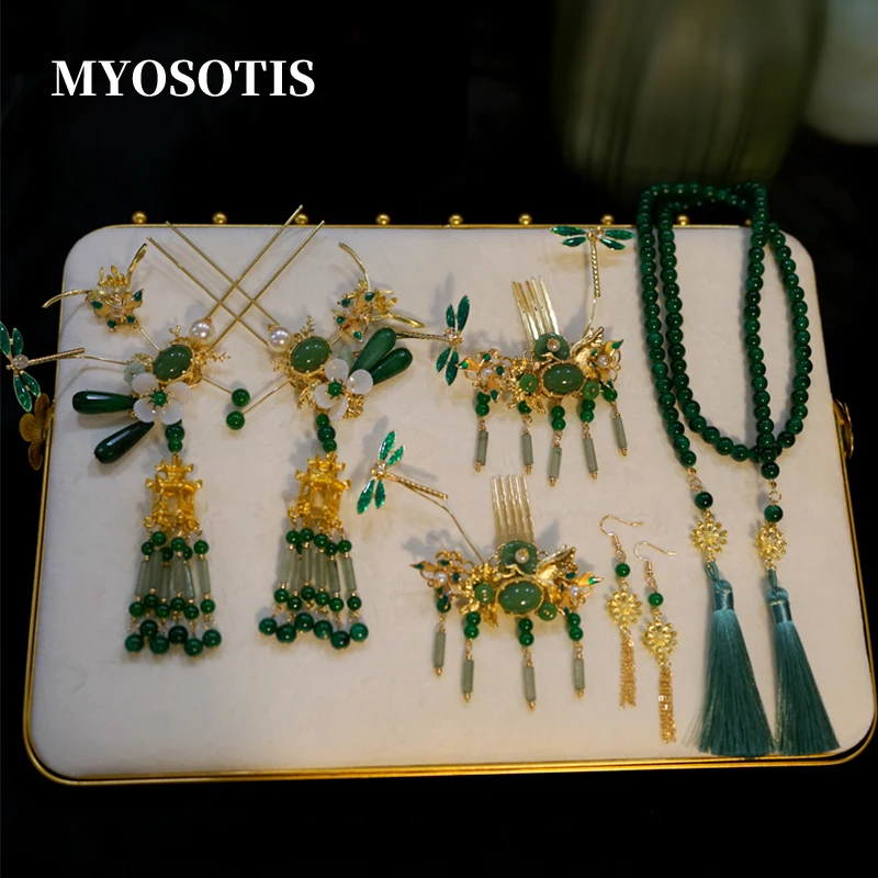 

Китайский винтажный цветок, зеленые бусины, кисточки, шпилька, повязка на голову для женщин и девочек, Hanfu, вечерние свадебные аксессуары для волос, ювелирные изделия, шпилька, повязка на голову