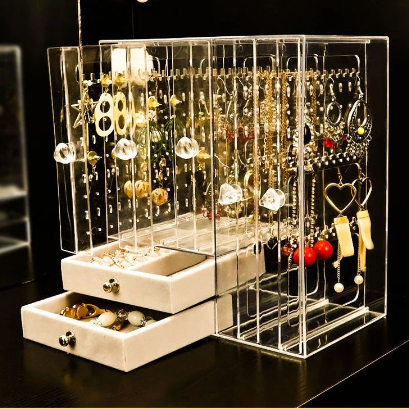 Plastic Jewelry Box Storage for Women Velvet Drawer Jewelry Organizer Boxes Necklace Bracelet Earrings Transparent Display Stand