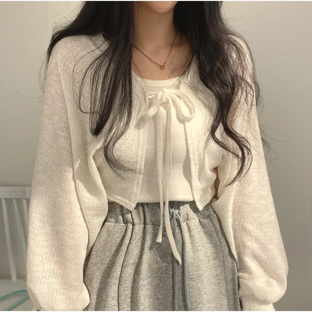 

Women's Korean-style Lantern Sleeve Short Jacket, Summer Lightweight Sun-Protective Tie-Knitted Top, White Knitted Cardigan