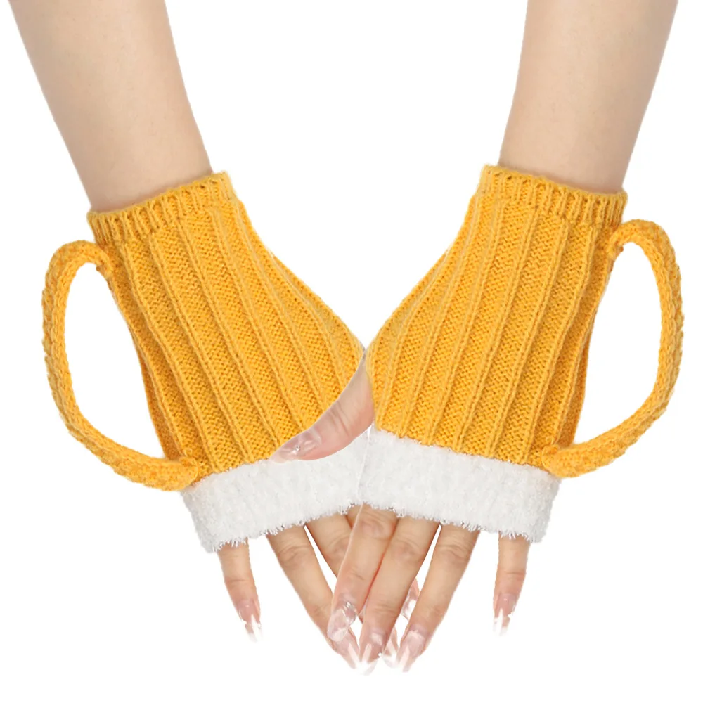 Beer Cup Gloves Winter Autumn Wool Gloves 3D Beer Festival Men Women Innovative Design Half Finger Warm Soft Plush Knit Gloves