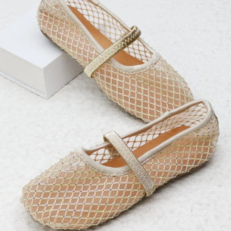 Luxury Lace Mesh Ballet Flat Kid Girls Elegant Brand Design Rhinestones Covered Fishnet Ballerina Shoes Children Dress Zapatos