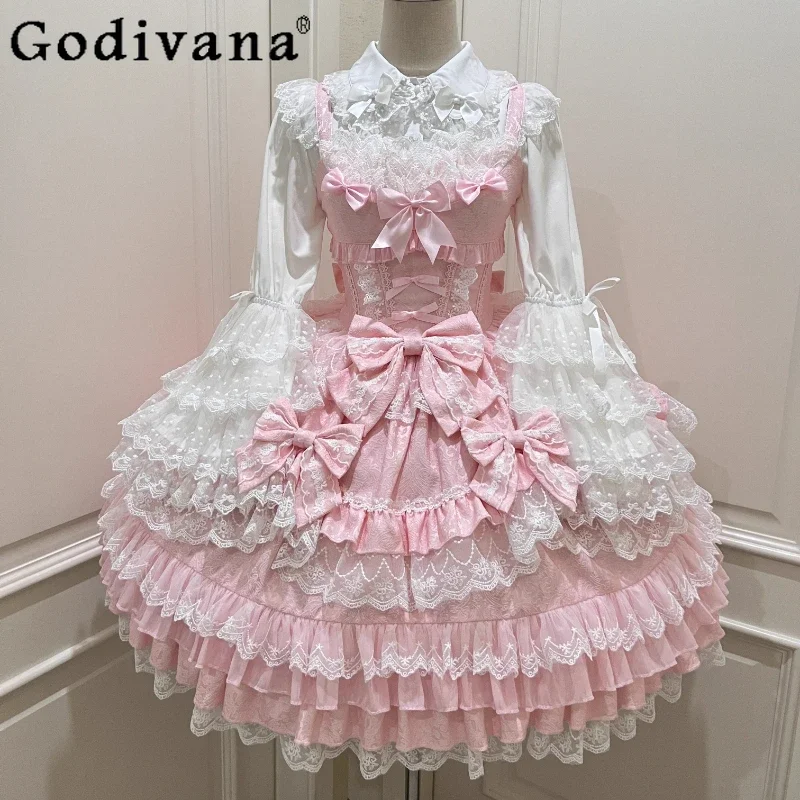 Original Design Lolita Pink Suspender Dress Jsk Women's Sweet Girls Bow Lace Princess Dress with Headband Long Sleeve Shirt