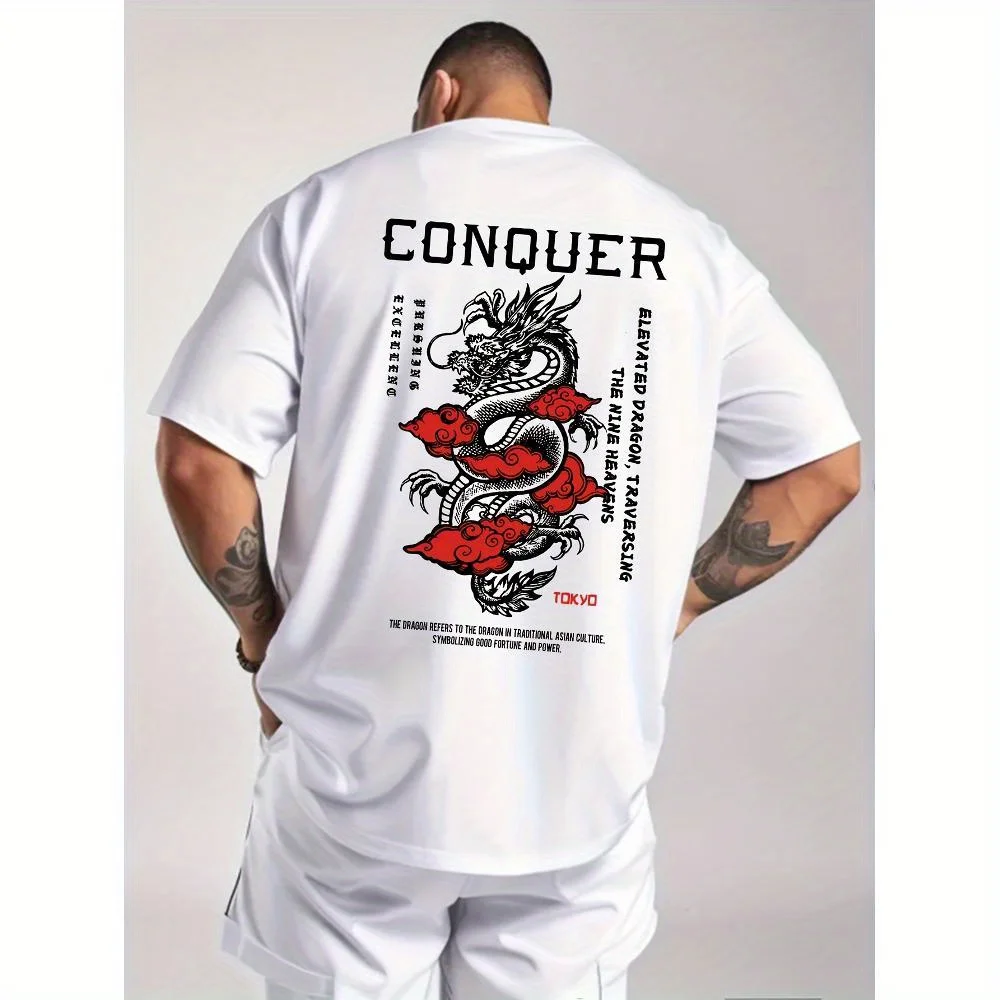 

Dragon pattern men's round neck fashion short-sleeved sports T-shirt, comfortable and versatile, suitable for spring and summer