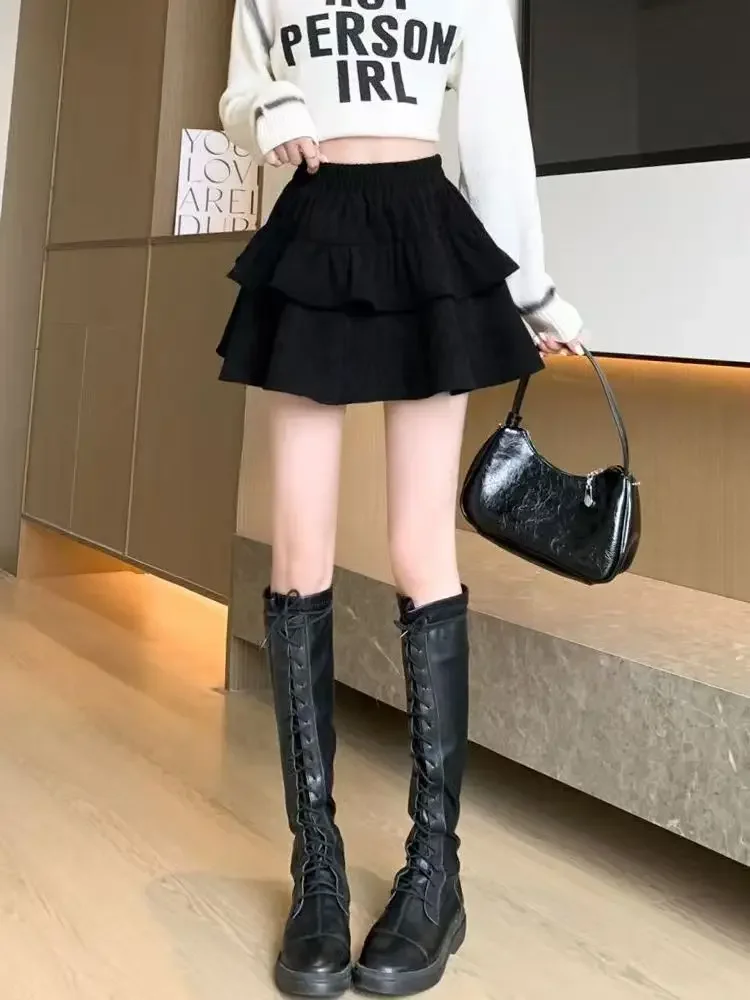 Maillard corduroy skirt female autumn and winter high waist slimming a word pompous skirt small pleated cake skirt