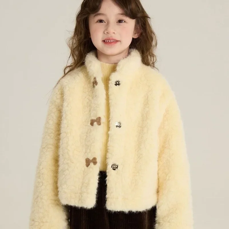 2025 New Korean Style Fluffy Lamb Coat for Girls Thermal Insulated Thickened Winter Jacket Kids' Warm One Piece Cotton Coat
