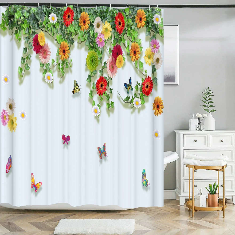 Beautiful Flowers Shower Curtains Floral Printed 3D Curtain For Bathroom Polyester Fabric Waterproof Bathroom Curtain with Hooks