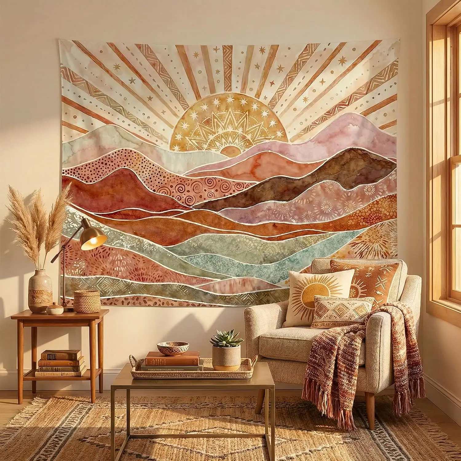 Boho Desert Sun Tapestries Watercolor Mountain Landscape Tapestries Terracotta Sage Wall Tapestry Bedroom Dormitory Living Room