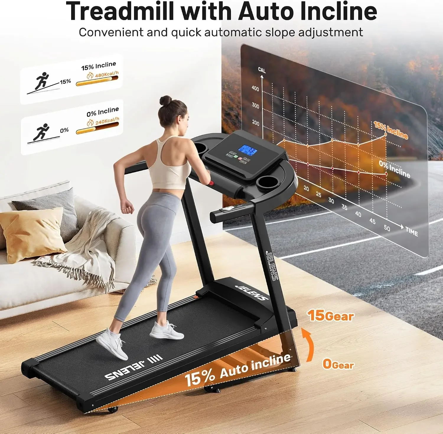 Treadmill for Home with 0-15% Auto Incline, Foldable Walking Pad Treadmill with 330LBS Weight Capacity and Pulse Sensors