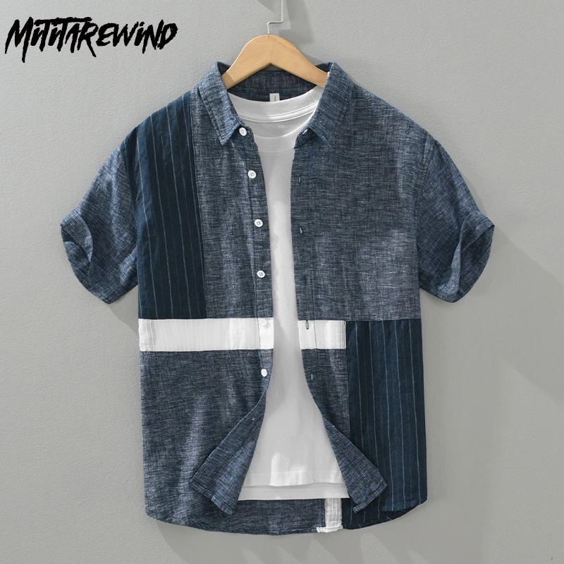 

Patchwork Contrast Color Designer Shirts Male Summer Mens Pure Linen Shirt Short Sleeve Causal Shirts Youth Fashion Men Clothing