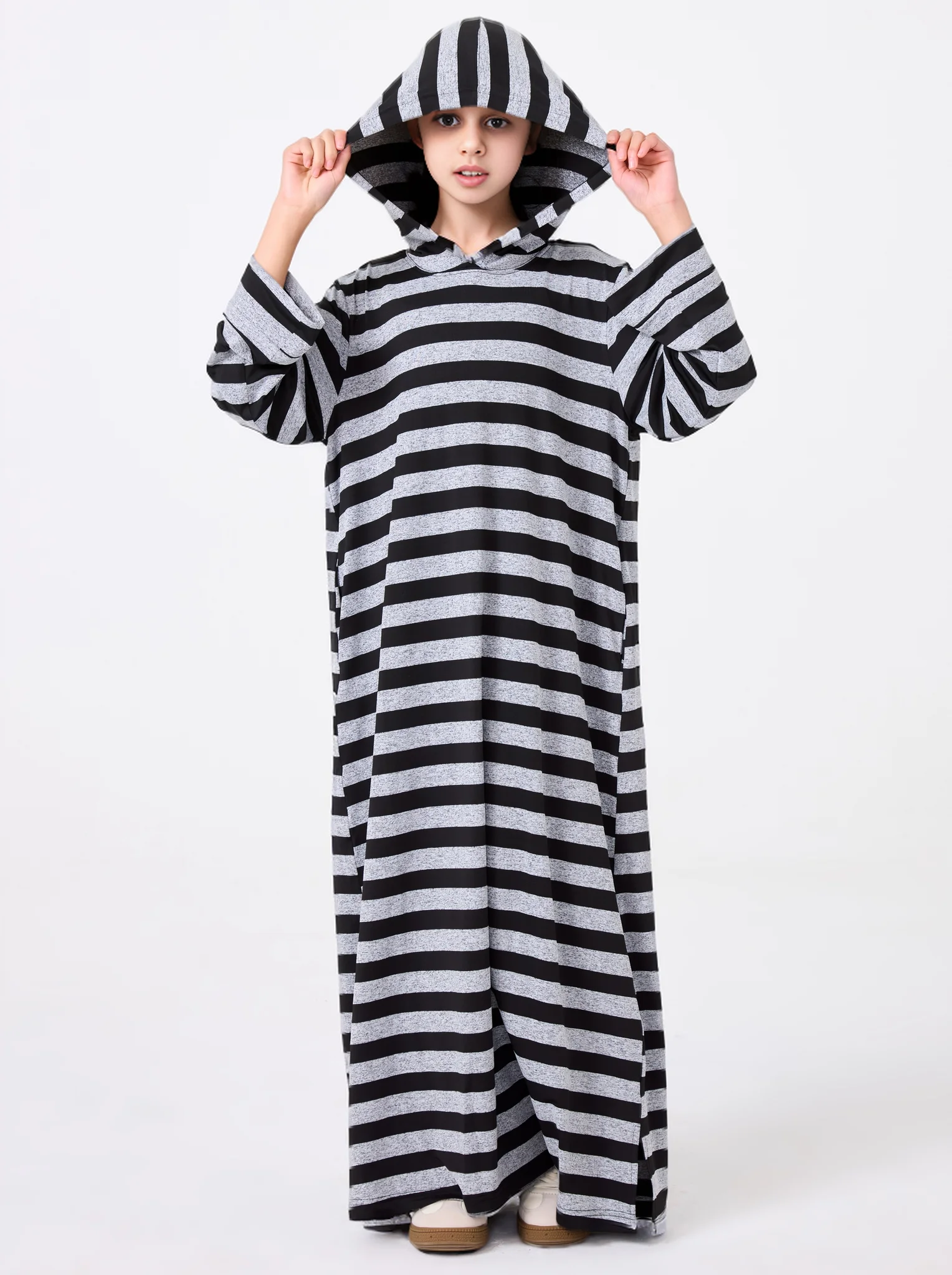 Middle Eastern Muslim Kids Abaya Girl Dress With Striped V-neck Hood