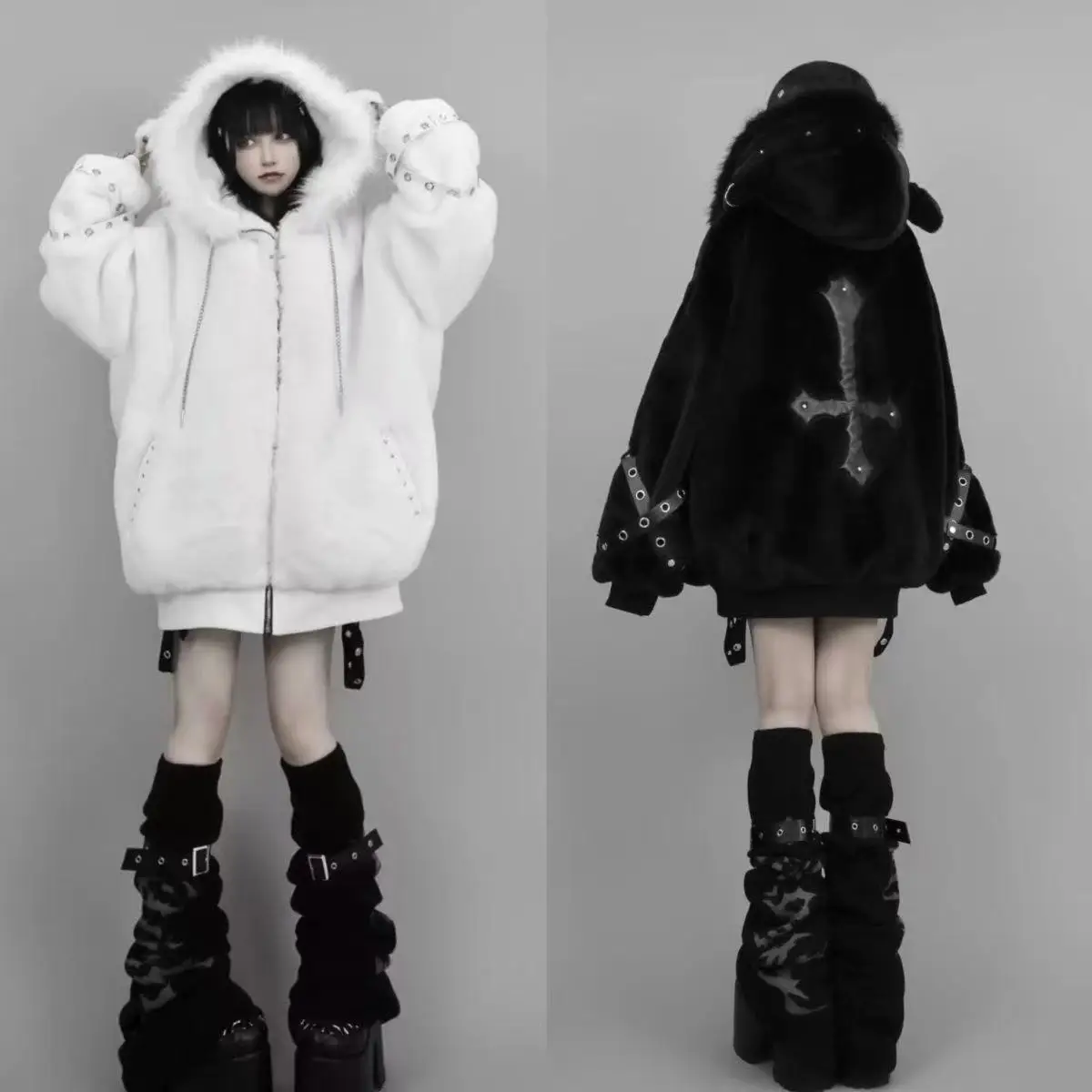 Black Punk Artificial Hooded Fur Women Autumn Winter Thicken Oversized Warm Coat Girls Harajuku Street Y2K Soft Sweater Jacket
