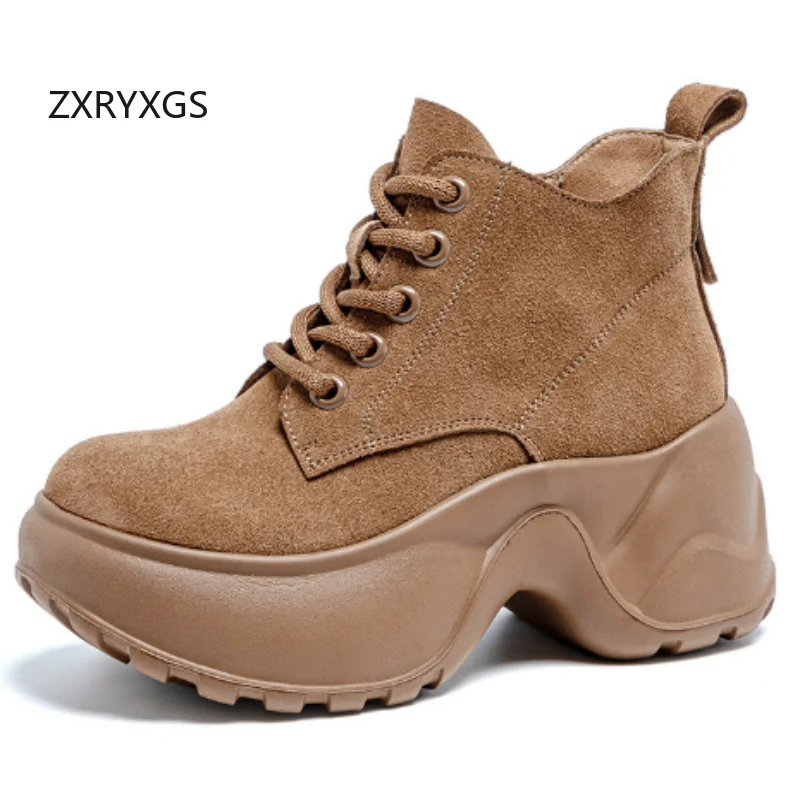 

ZXRYXGS 2025 British Style Frosted Cowhide Cross Straps Side Zip Women Boots Trendy Thick Sole Elevator Shoes High Heel Boots