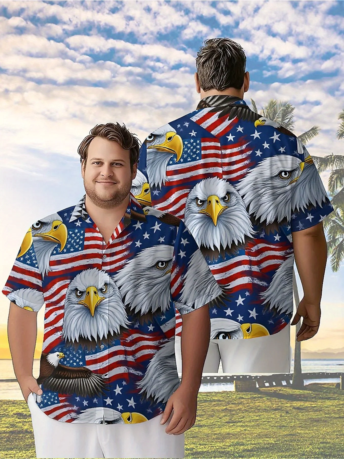 

Men's Plus Size Hawaiian Shirts Eagle and Flag Pattern, Button Up Shirts, Unisex Casual Clothing, Summer Tops