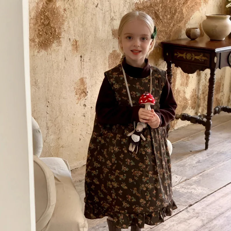 

Korean Girls' Vintage Quilted Dress Autumn Winter New Children's Princess Dress Baby Floral Vest Dress