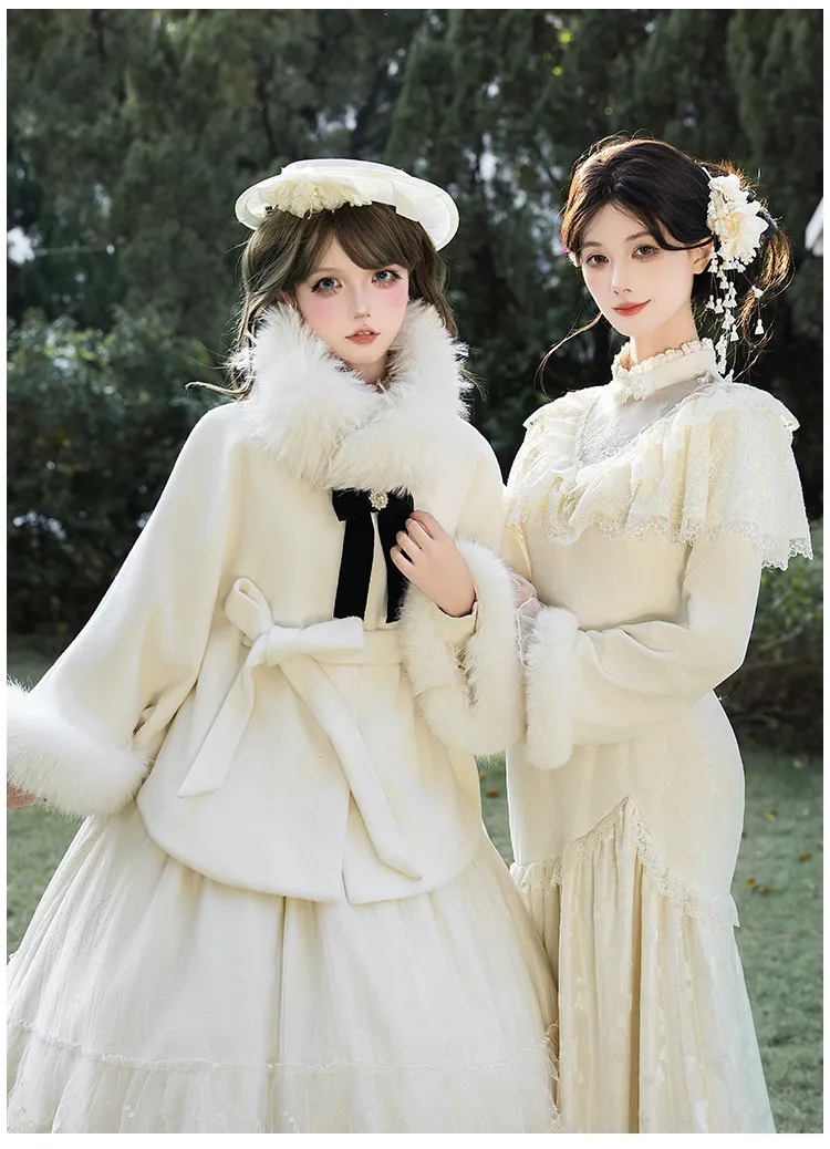 Fleece-Lined Thickened Cape Coat with Detachable Faux Fur Collar Winter Lolita Cape Women 2026 New White Coat