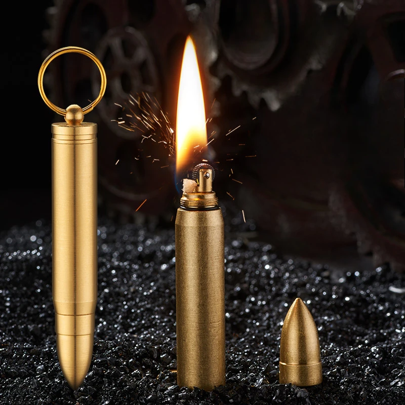 Creative Retro Bullet Shape Keychain Lighter Vintage Grinding Wheel Classic Kerosene Lighter Metal Open Flame Cigarette Lighter