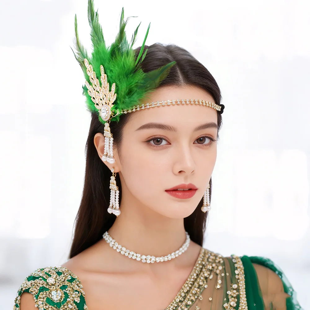 

Аксессуары для волос для косплея Гэтсби: повязка на голову с жемчужной цепочкой, кисточками, перьями, в стиле бохо, для маскарада и вечеринок