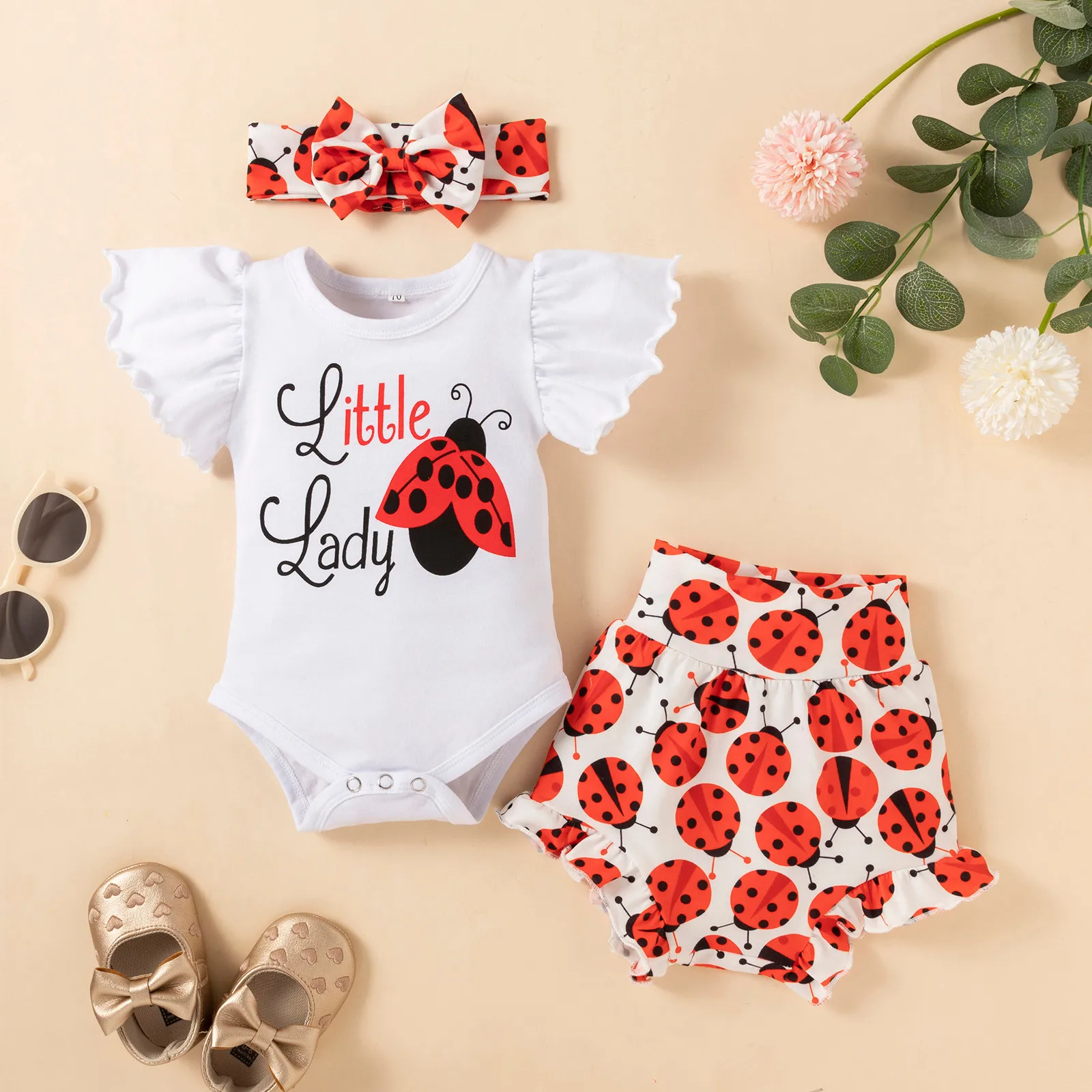 0-2 Years Infant Baby Boys Girls Clothes Sets Fly Sleeve Bodysuit Tops+Cartoon Shorts Pants+Headband 3PCS Clothes Set Outfits