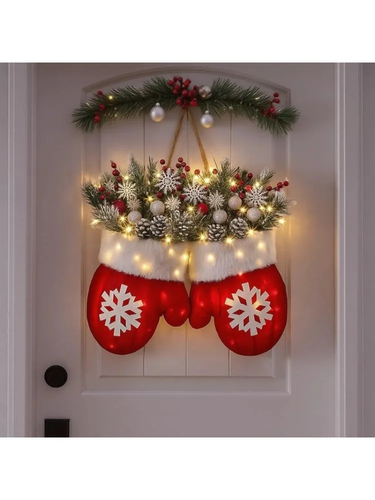 2025 Christmas Garland Creative Glove Shaped Simulated Flower Wreath Window Door Gate Decoration Door Sign Xmas Party Decoration