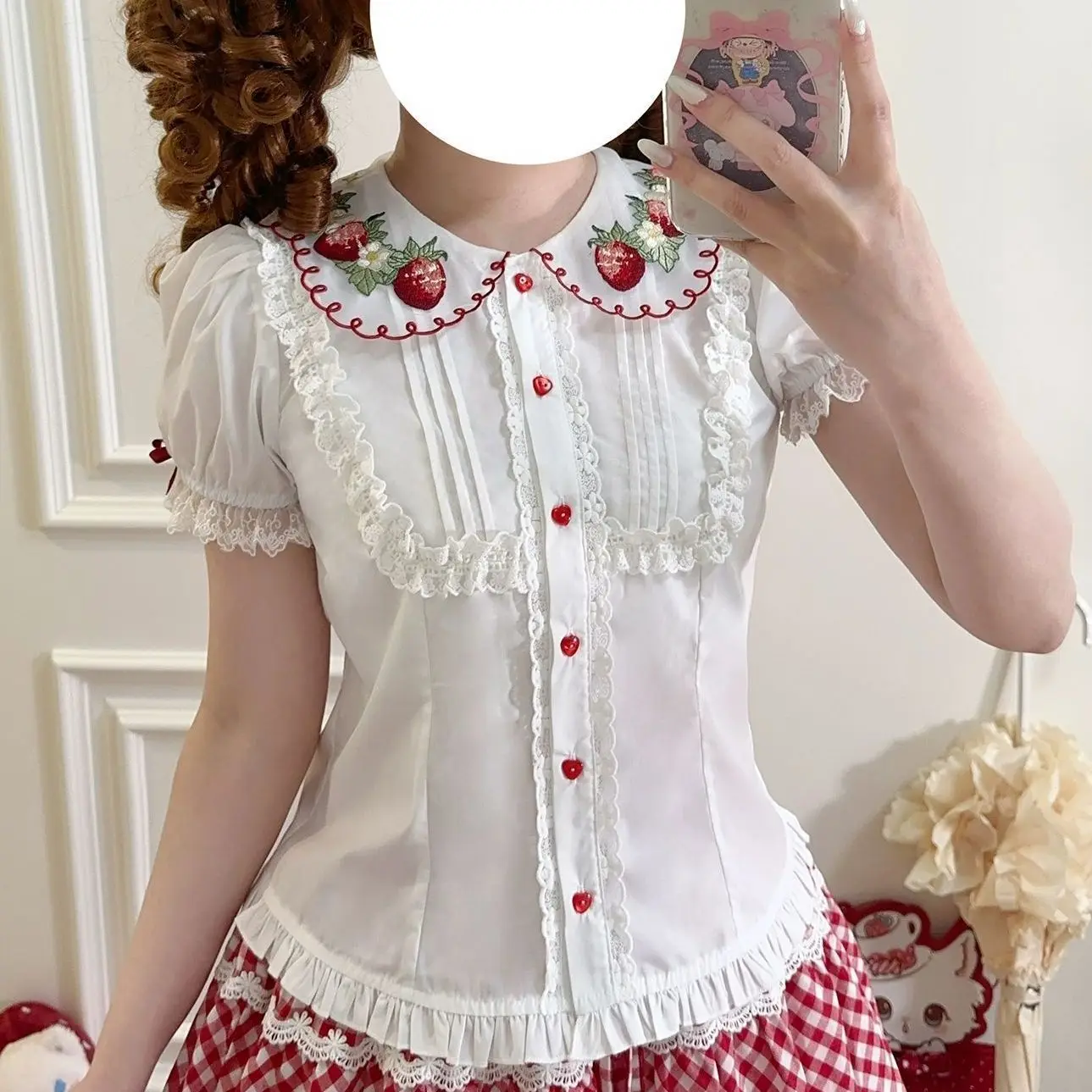 Strawberry Garden Lolita Shirt Doll Collar Lolita Sweet Short Sleeve Lace Splicing Sweet Top  white shirt women