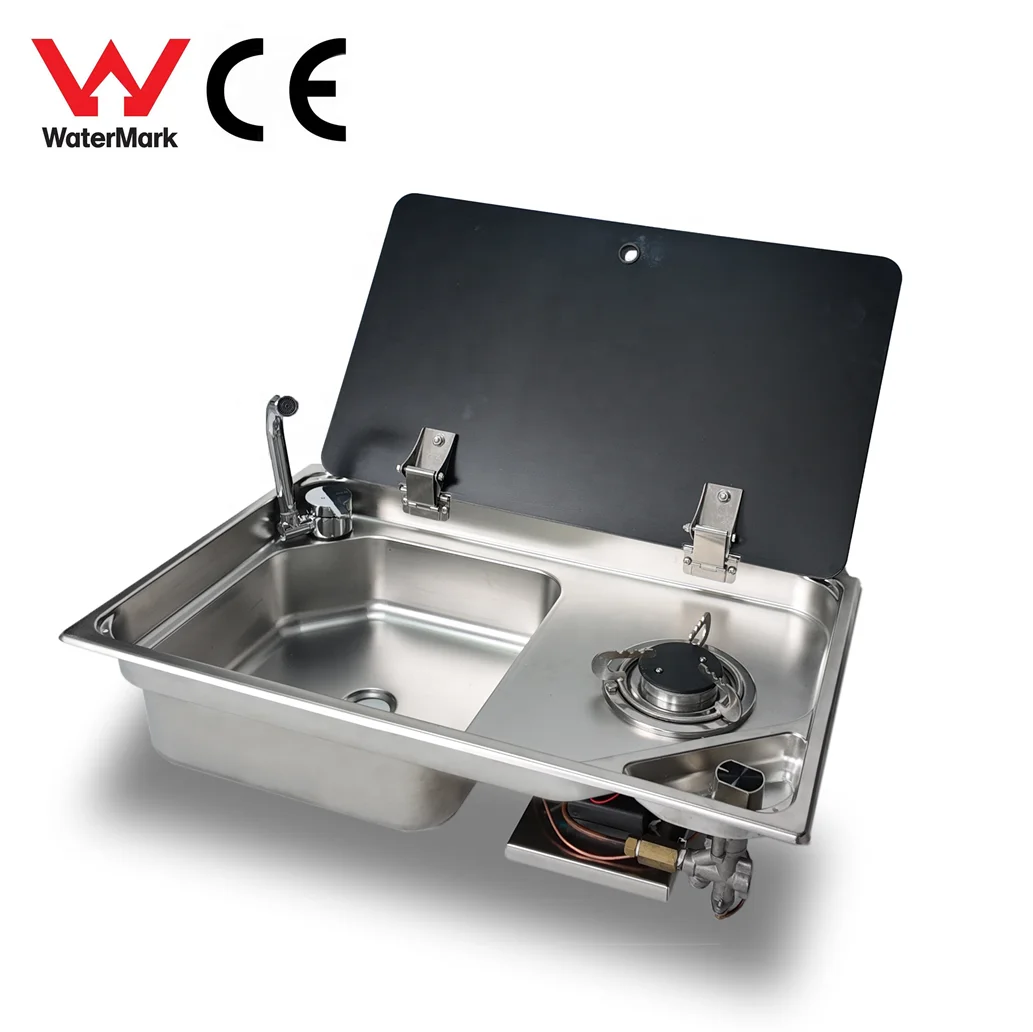 RV Caravan Sink Cooktop Stove Hob Combo with Tempered Glass Lid One Burner for Motorhome Camper Boat Yacht