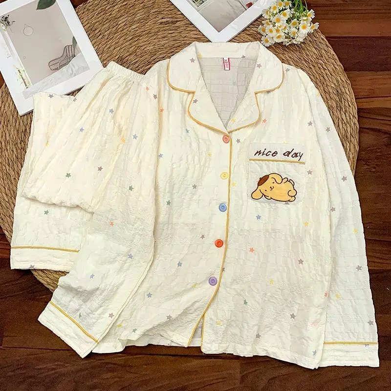 

Хлопковая пижама Sanrio Hangyodon для женщин, весенняя ночная одежда, пижама с длинными рукавами и брюками, милая пижама в стиле аниме, домашняя одежда