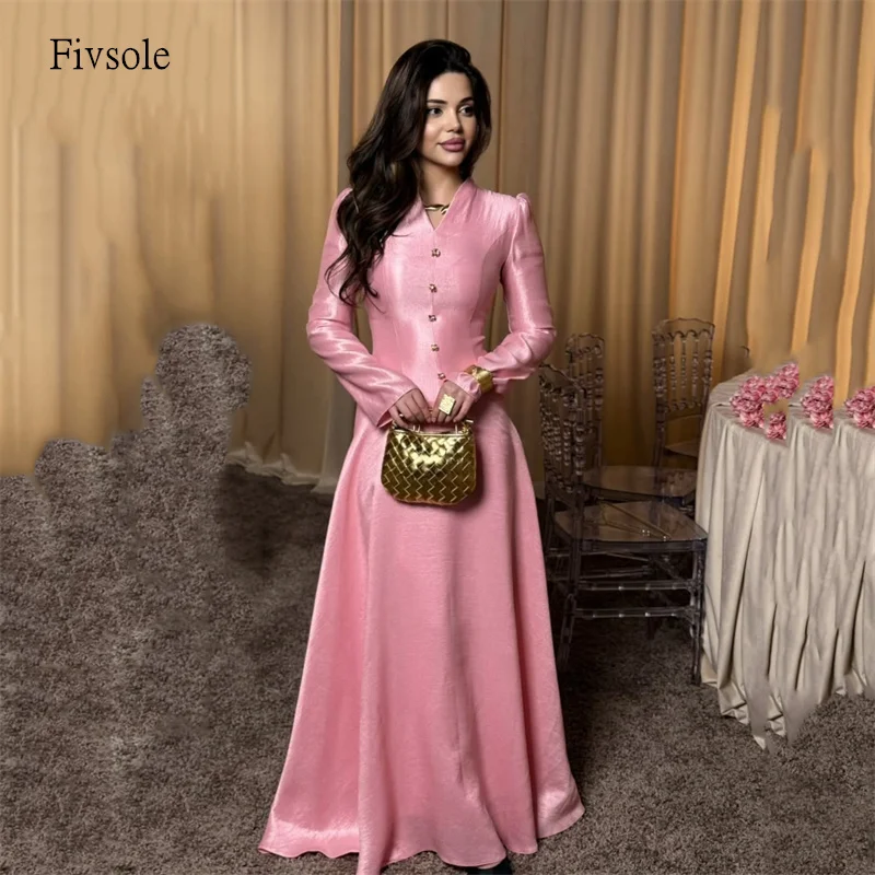 

Fivsole Formal Pink Long Sleeves A Line Prom Gowns V Neck Party Gown Floor Length Evening Dress vestido de noche Customized
