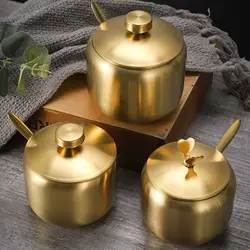 Useful Stainless Steel Sugar Bowl Gold Silver Large Capacity Seasoning Pot with Spoon Lid Durable Storage Jar Home