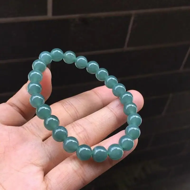 Jade a Goods Old Material Blue Water Ice Permeable round Bead Bracelet for Men and Women