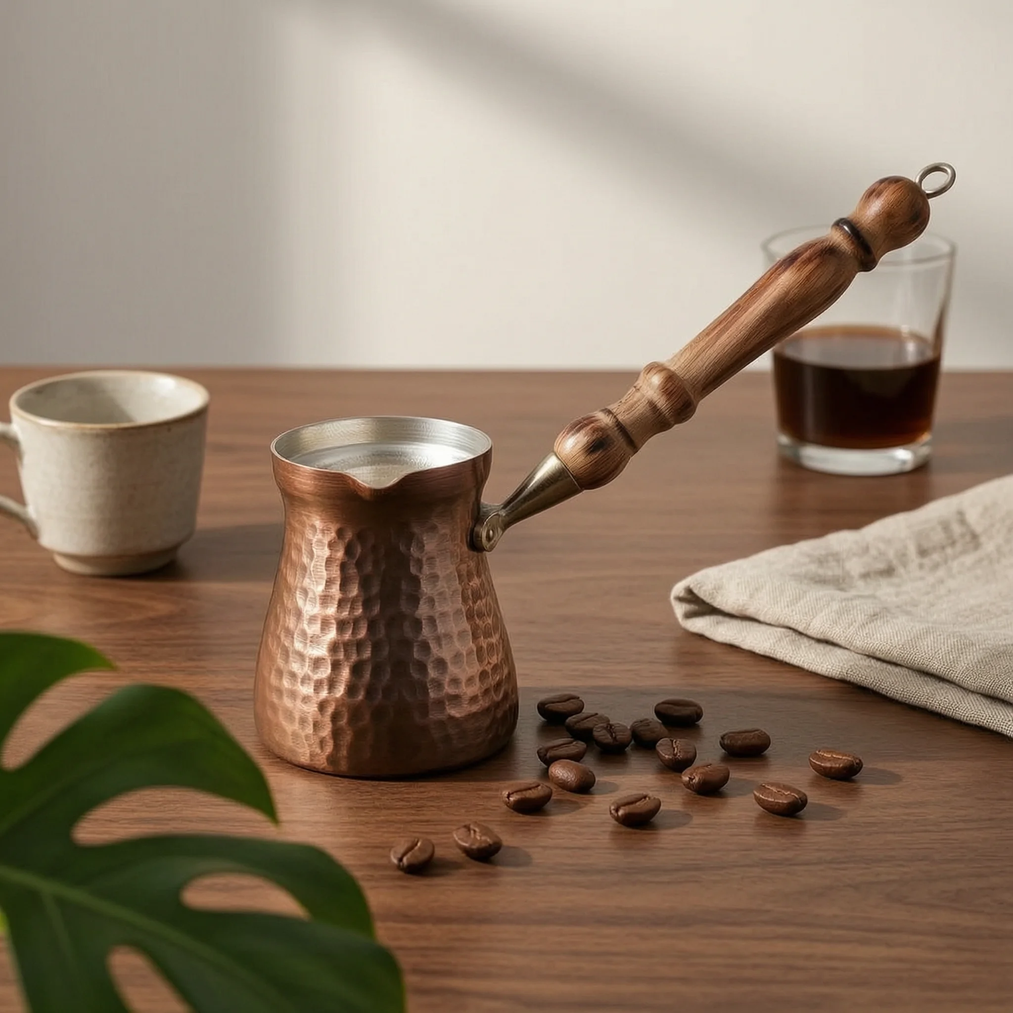 Handmade Copper Coffee Pot Wooden Handle Hammered Copper Cezve Cookware Traditional Style Home Utensil Heat Conductivity