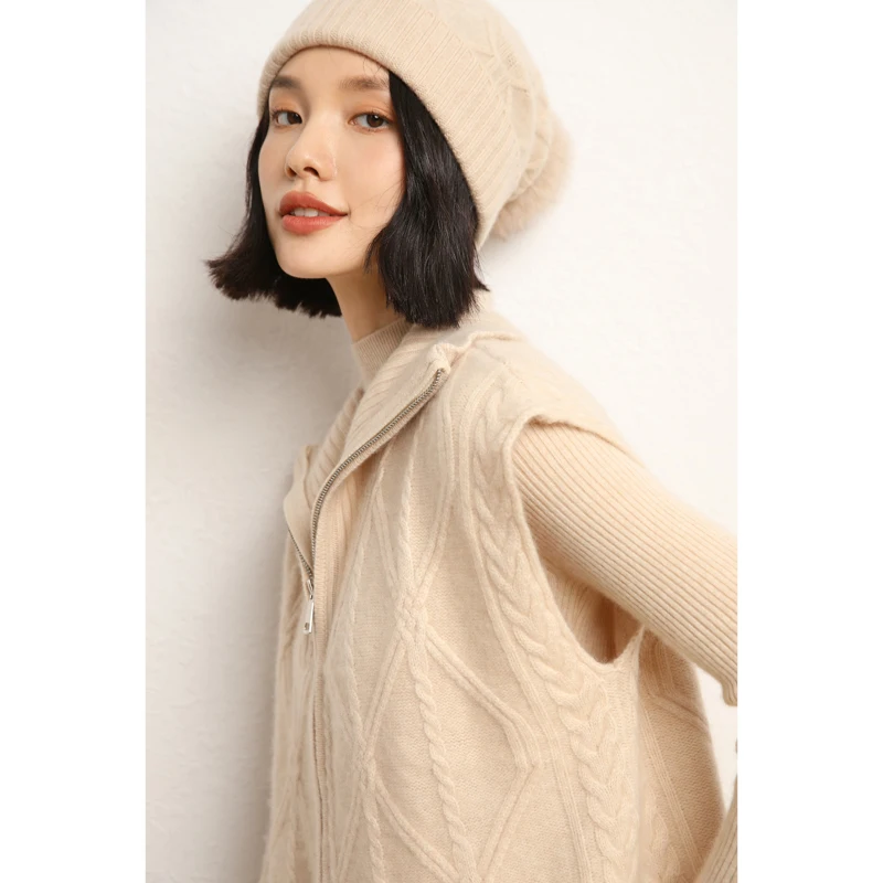 2025 Casual Women‘s Zip Vest Trendy Street Sleek Versatile Spring Autumn Winter Sweater Cashmere Knitwear 100% Cashmere Tops