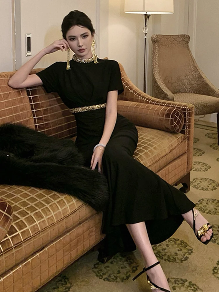 Frauen Kleidung Schwarz Gold Pailletten Oansatz Dünne Maxi Lange Abendkleid Elegante Dame Party Geburtstag Vestido Fiesta Robe Sommer Neue