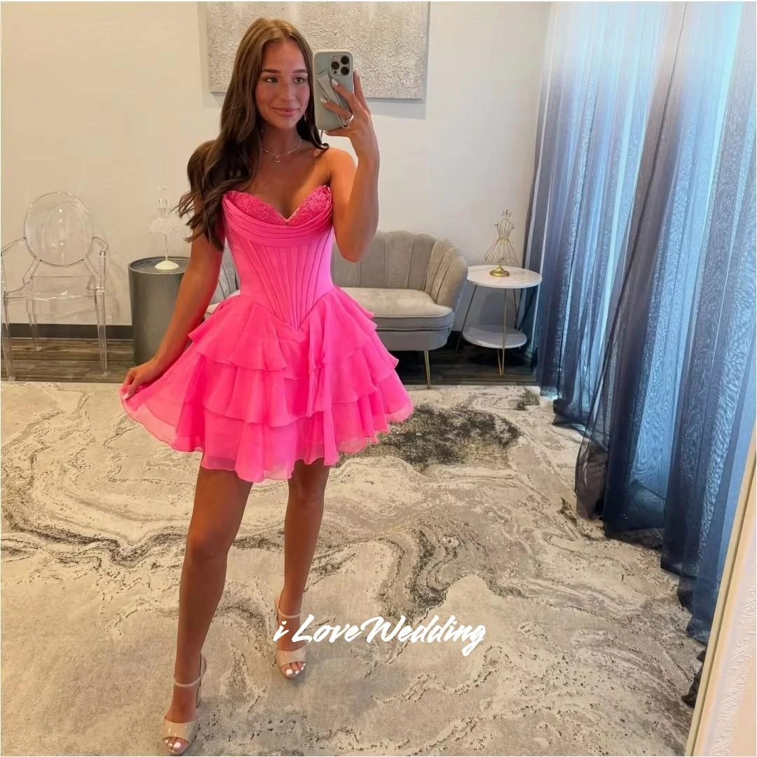 

Pink Sweetheart Appliques Mini Skirt Sleeveless Ruffles Homecoming Dress Multi-Layered Birthday Party Dresses Pleated Customized