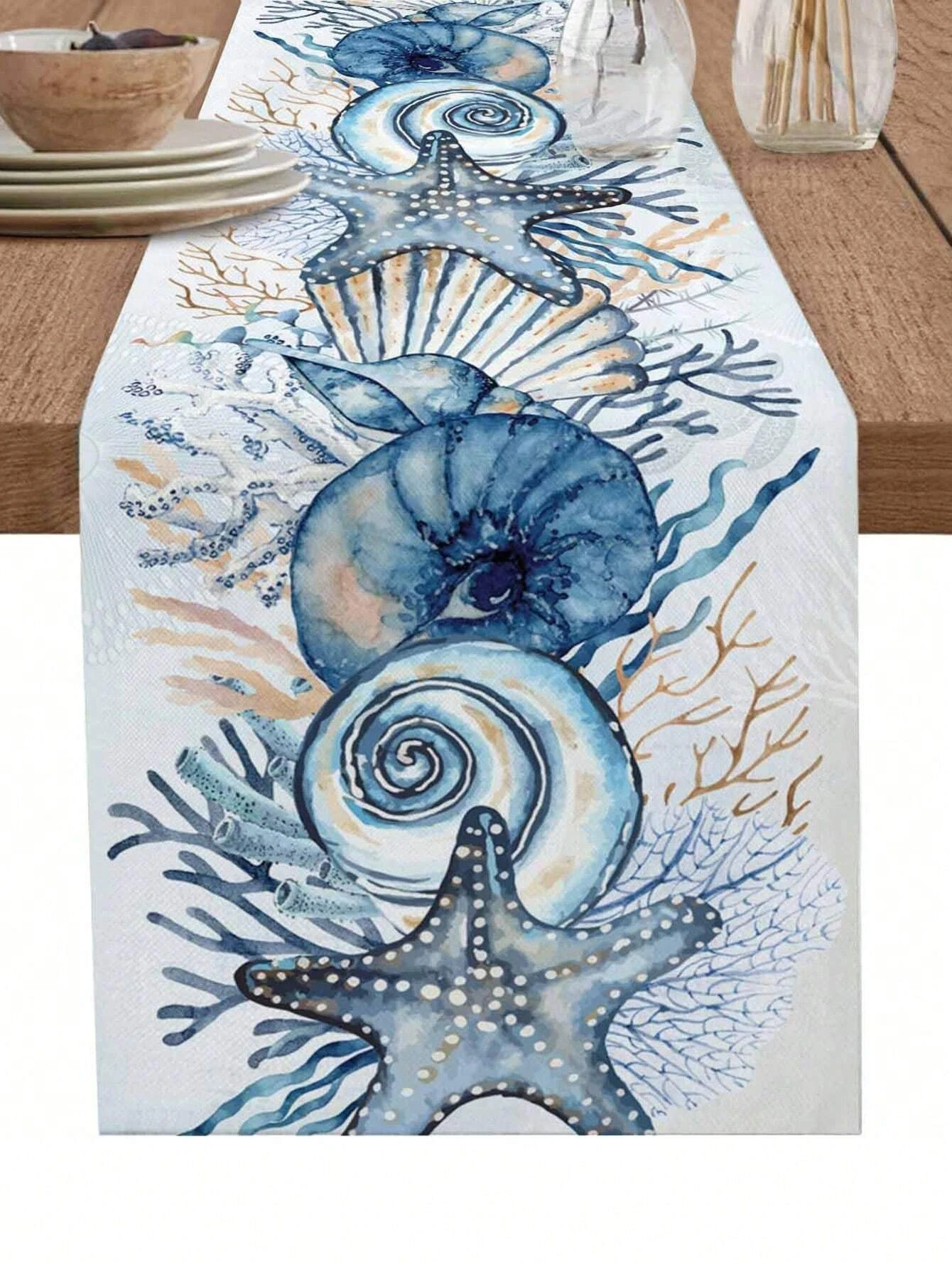1pc Coastal Seashell Table Runner - Linen 2D Printed Decor for Dining Table, Kitchen, Beach Themed Party & Housewarming Gift