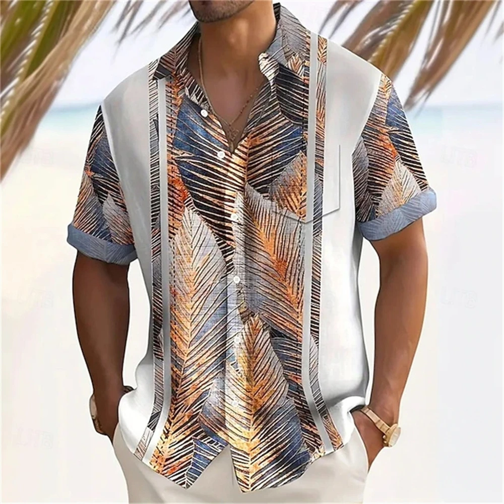 Hawaiian Stripe with Palm Leaf Print Fashion Men's Shirt Summer Beach Shirts Oversized Men's Clothingtrendy Short Sleeve Blouse
