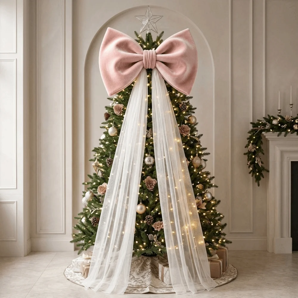 Mesh Tulle Large Velvet Christmas Bow New Year Pendant Christmas Tree Topper Bow Ornaments Tree Bow with Long Tails New Year