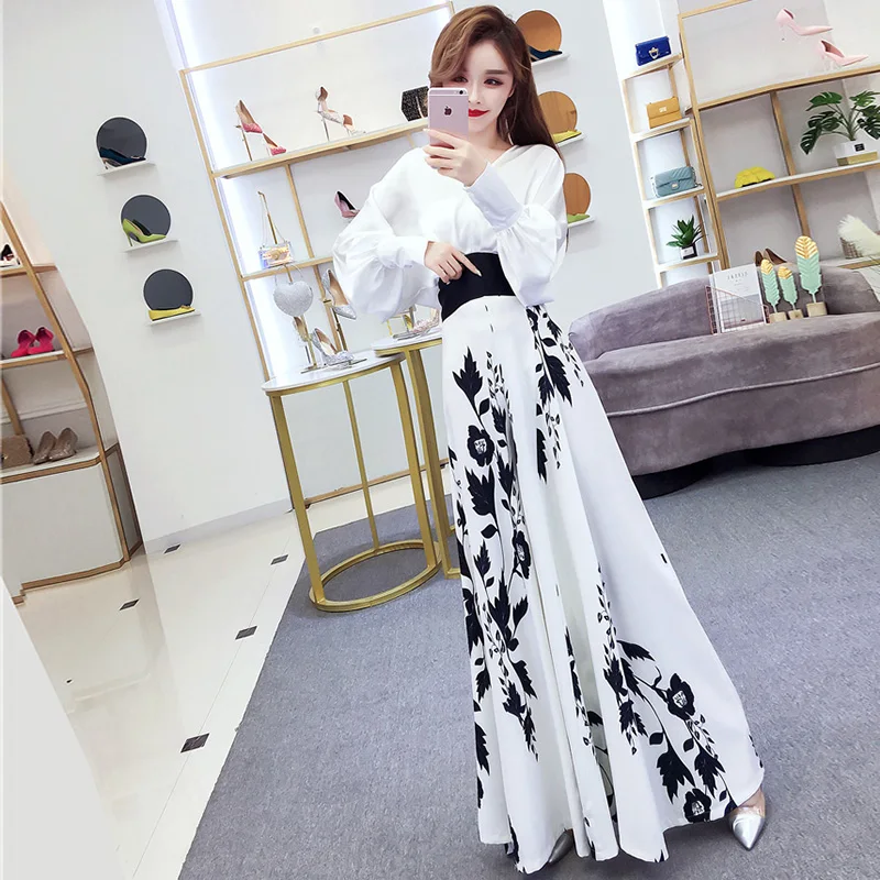 2022Spring Summer Suit Two-Piece Women Loose Long Sleeve Blouse With High Wasit Pants Set Shirt + Printed Wide-leg Culottes Lady