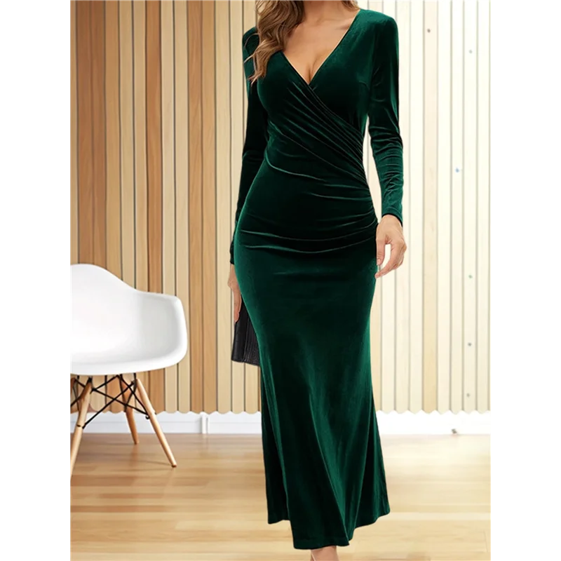 ASDS-Abito lungo da donna elegante in velluto con scollo a V profondo e avvolgente, tinta unita, manica lunga, festa da sera, cocktail, ballo di fine anno