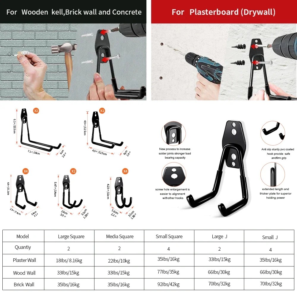 Imagem -04 - Heavy Duty Wall Mount Deslizante Garagem Gancho Ganchos de Gancho de Bicicleta Gancho de Armazenamento Antiderrapante Escadas Ferramentas Organizador 10 Pcs 14 Pcs