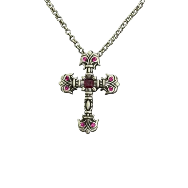 

Vintage Silver Ornate Cross Pendant Necklace with Ruby Accents – Opulent Gothic Statement Jewelry