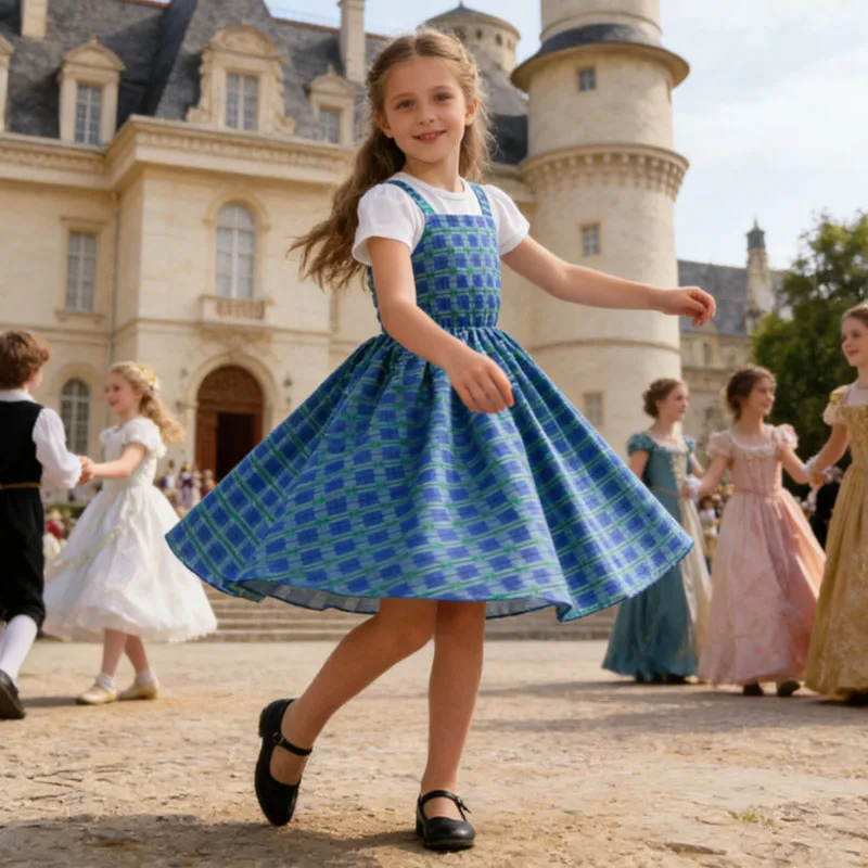 Happy 100 Days Of School Girl Royal Blue Plaid Princess Dress With Wrap Costume For Winter Spring Birthday Party Dress Up 1-10Y